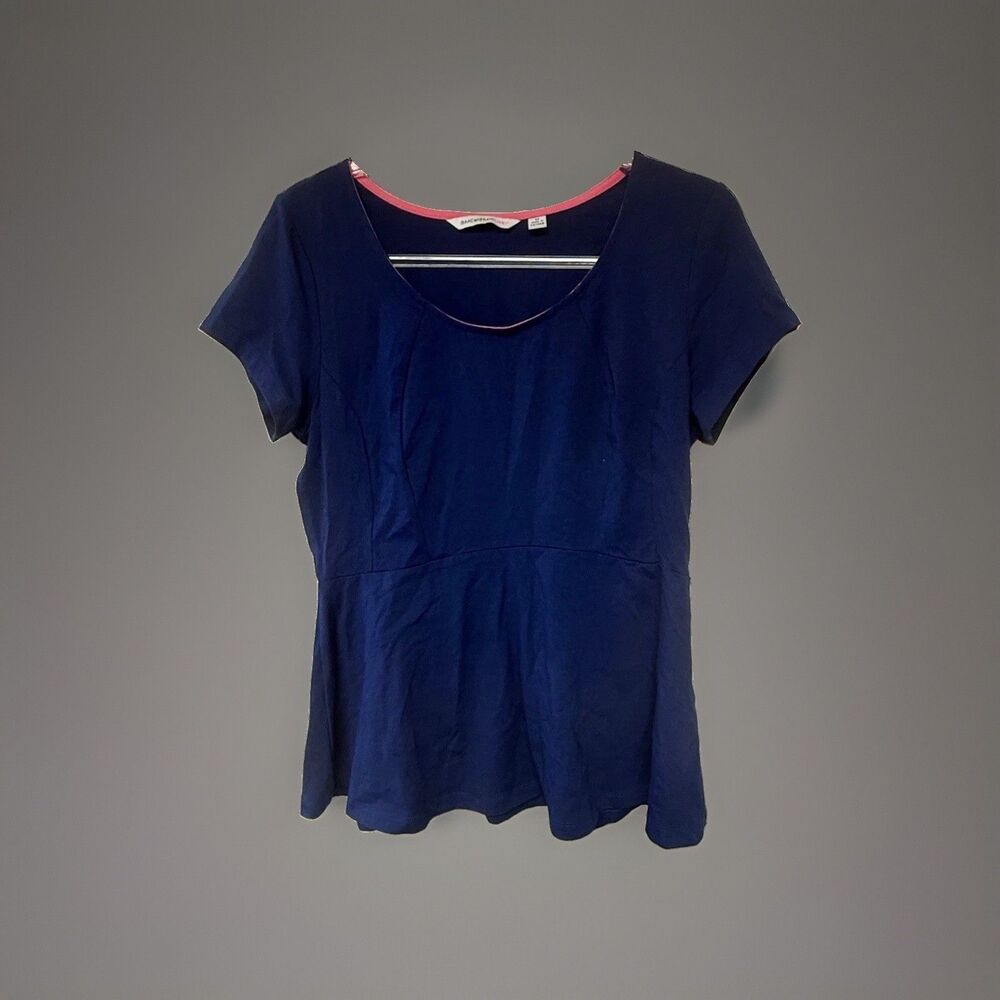 Isaac Mizrahi Live Peplum Top Womens M Navy Pink Trim Classic Preppy Casual